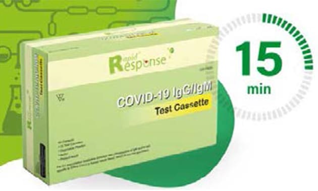 Rapid Response est un test de diagnostic rapide (TDR) et un test rapide d'orientation diagnostique (TROD) sérologique des anticorps IgG et IgM de la Covid-19.