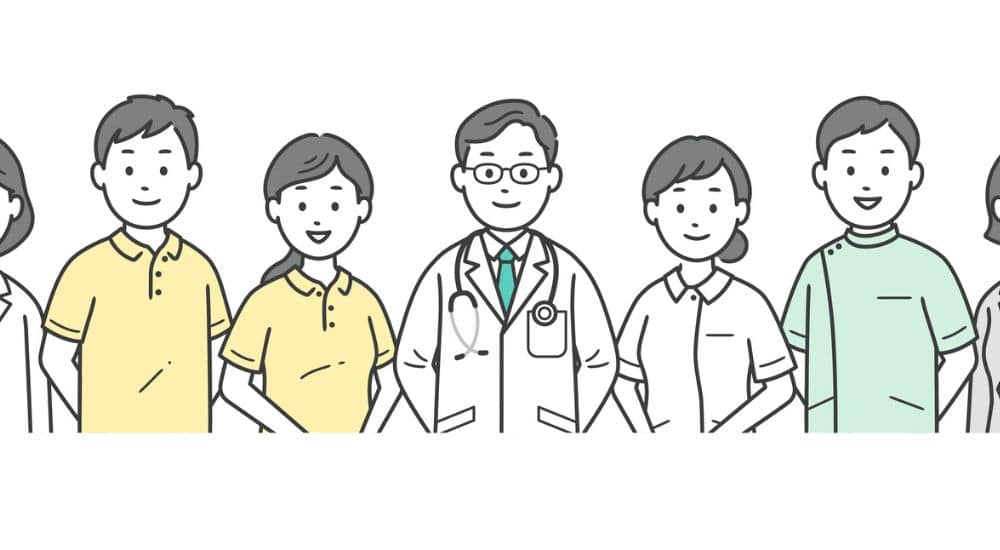 Illustration du haut du corps d’un groupe de médecins, d’infirmières, de soignants, démographie professionnels santé