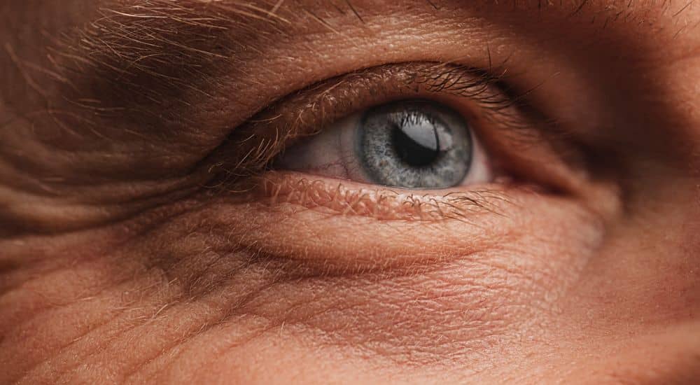 Œil bleu d'un homme âge, revoir grâce à une dent