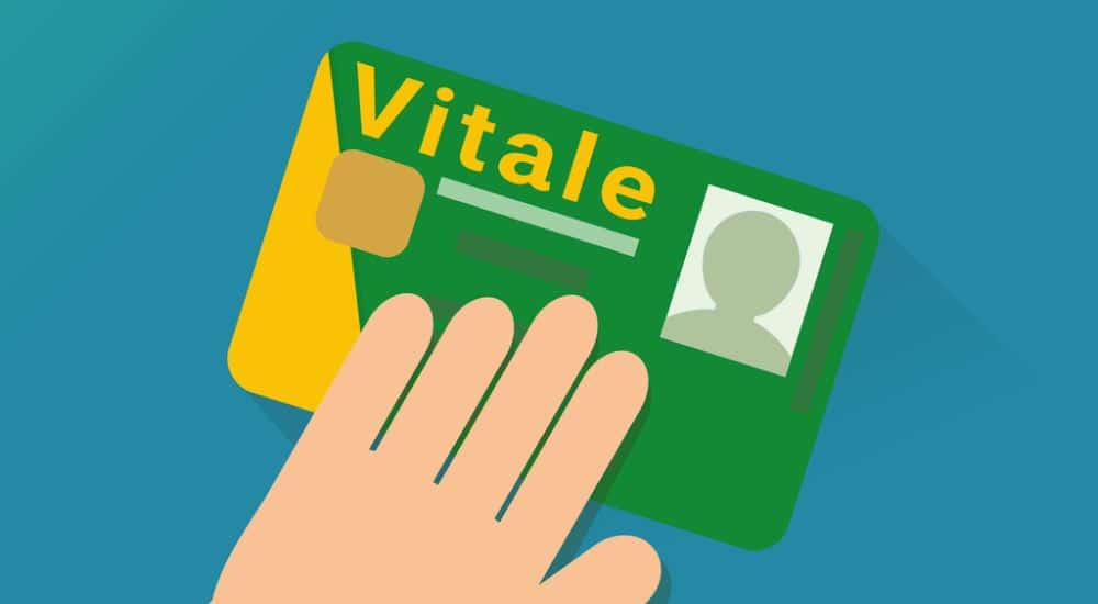 Illustration d'une main tenant une carte vitale, application carte vitale