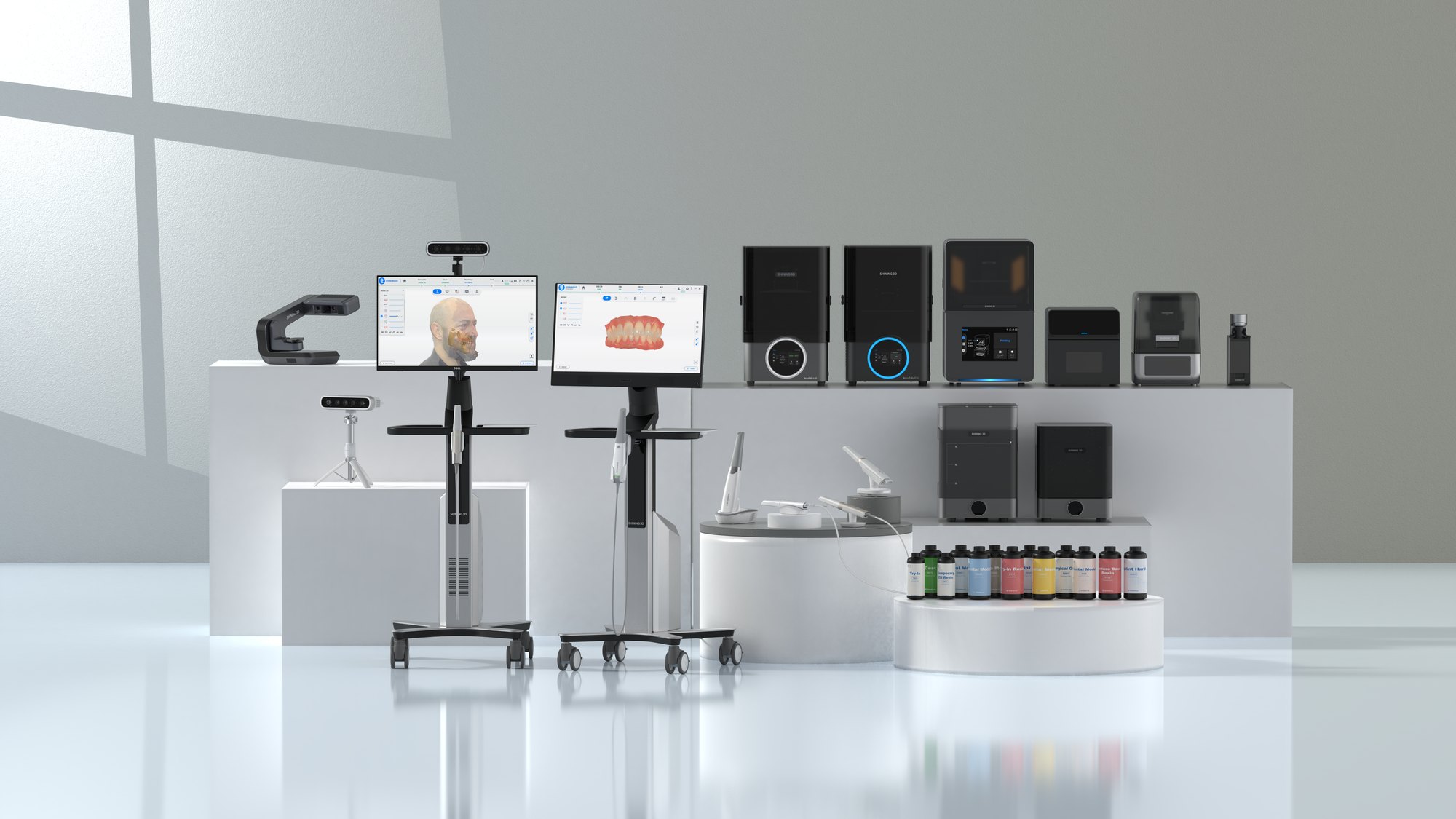 Écosystème dentaire numérique SHINING 3D Dental : scanners intra-oraux et faciaux, imprimantes 3D, post-traitement et résines