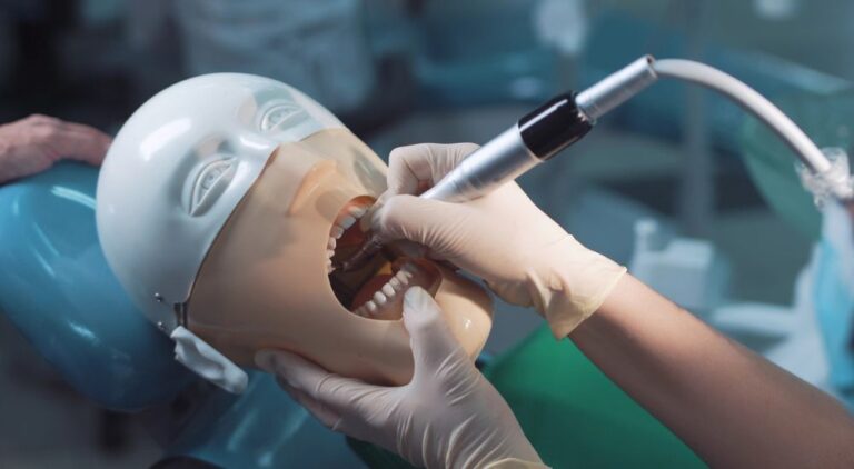 Étudiants pratiquant la dentisterie sur un mannequin. Licence portail santé
